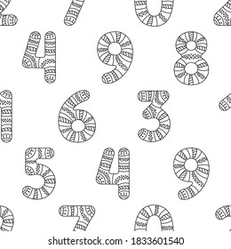 Seamless pattern of decorated numbers, black and white decorative ornamental fancy hand drawn figures. One, two, three, four, five, six, seven, eight, nine and zero