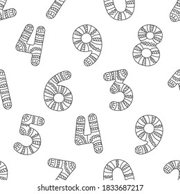 Seamless pattern of decorated numbers, black and white decorative ornamental fancy hand drawn figures. One, two, three, four, five, six, seven, eight, nine and zero