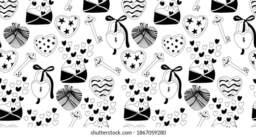 Seamless pattern decorated with padlocks, keys, envelopes, hearts. Valentine's day decor. Great for fabrics, wrapping papers, wallpapers, covers. Doodle style illustration black outline.