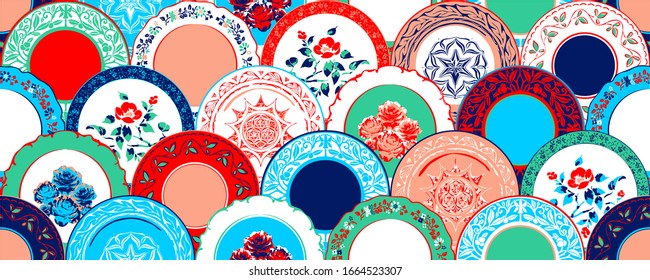 Seamless pattern with decorated plates in 6 colors. Vector illustration.