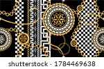 Seamless pattern decorated with precious stones, gold chains and pearls.