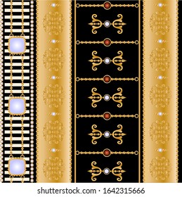 Seamless pattern decorated with precious stones, gold chains and pearls.