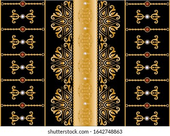Seamless pattern decorated with precious stones, gold chains and pearls.
