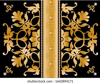 Seamless pattern decorated with precious stones, gold chains and pearls.