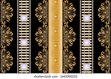 Seamless pattern decorated with precious stones, gold chains and pearls.