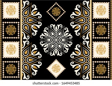Seamless pattern decorated with precious stones, gold chains and pearls.
