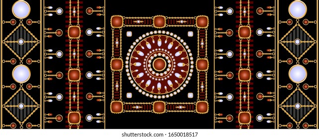 Seamless pattern decorated with precious stones, gold chains and pearls.