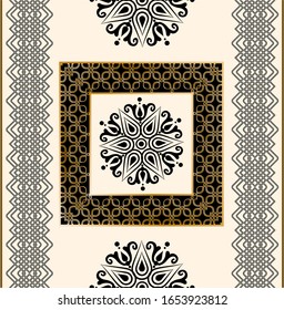 Seamless pattern decorated with precious stones, gold chains and pearls.