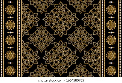 Seamless pattern decorated with precious stones, gold chains and pearls.