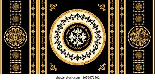 Seamless pattern decorated with precious stones, gold chains and pearls.