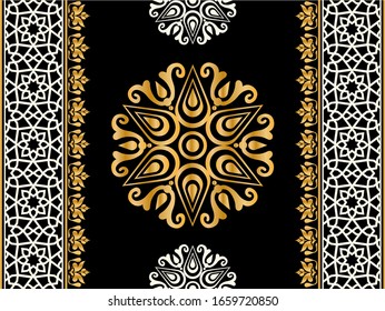 Seamless pattern decorated with precious stones, gold chains and pearls.