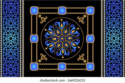 Seamless pattern decorated with precious stones, gold chains and pearls.