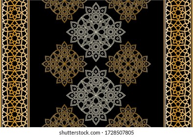 Seamless pattern decorated with precious stones, gold chains and pearls.	