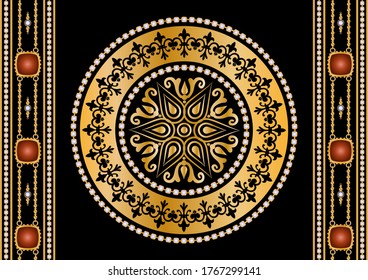 Seamless pattern decorated with precious stones, gold chains and pearls.