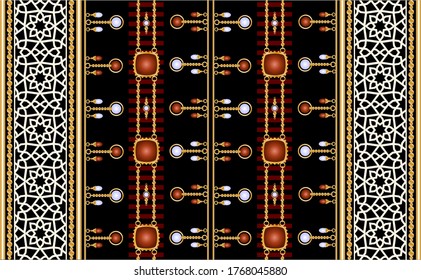 Seamless pattern decorated with precious stones, gold chains and pearls.