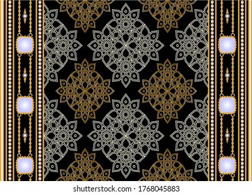 Seamless pattern decorated with precious stones, gold chains and pearls.