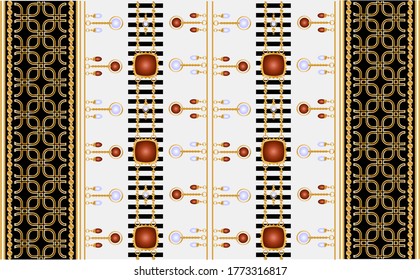 Seamless pattern decorated with precious stones, gold chains and pearls.