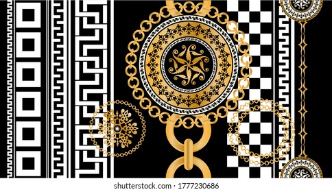 Seamless pattern decorated with precious stones, gold chains and pearls.