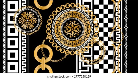 Seamless pattern decorated with precious stones, gold chains and pearls.