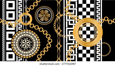 Seamless pattern decorated with precious stones, gold chains and pearls.