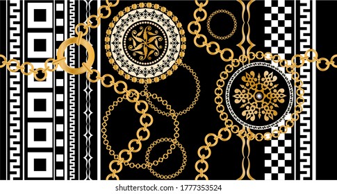 Decoración sin inconfundibles decorada con piedras preciosas, cadenas de oro y perlas.