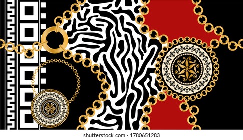 Seamless pattern decorated with precious stones, gold chains and pearls.