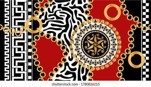 Seamless pattern decorated with precious stones, gold chains and pearls.