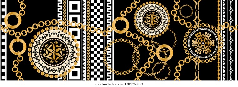 Seamless pattern decorated with precious stones, gold chains and pearls.