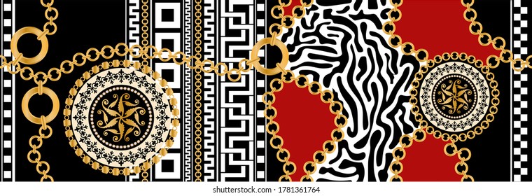 Seamless pattern decorated with precious stones, gold chains and pearls.
