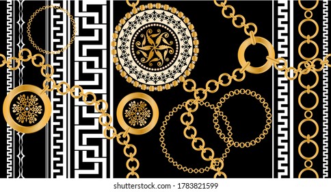 Seamless pattern decorated with precious stones, gold chains and pearls.