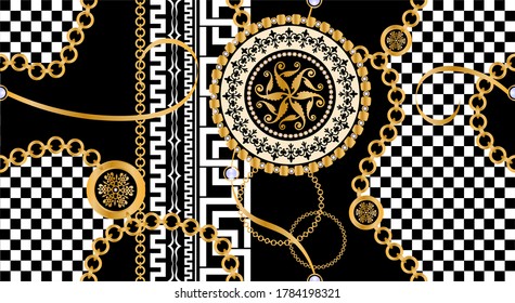 Seamless pattern decorated with precious stones, gold chains and pearls.