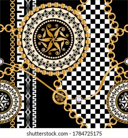 Seamless pattern decorated with precious stones, gold chains and pearls.