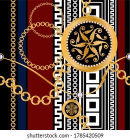 Seamless pattern decorated with precious stones, gold chains and pearls.