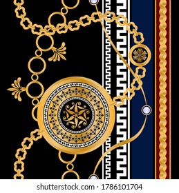 Seamless pattern decorated with precious stones, gold chains and pearls.