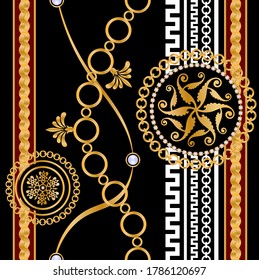 Seamless pattern decorated with precious stones, gold chains and pearls.