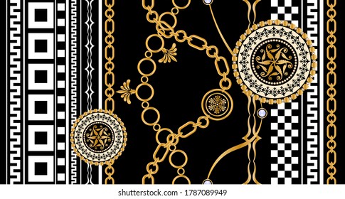 Seamless pattern decorated with precious stones, gold chains and pearls.