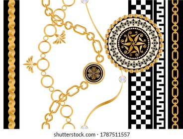 Seamless pattern decorated with precious stones, gold chains and pearls.