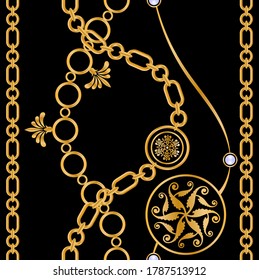 Seamless pattern decorated with precious stones, gold chains and pearls.