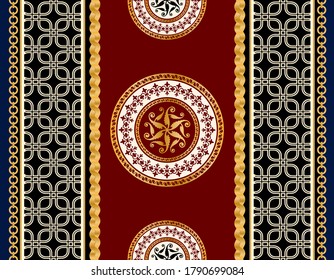 Seamless pattern decorated with precious stones, gold chains and pearls.