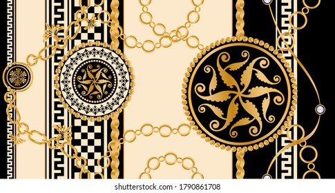 Seamless pattern decorated with precious stones, gold chains and pearls.