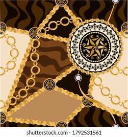 Seamless pattern decorated with precious stones, gold chains and pearls.