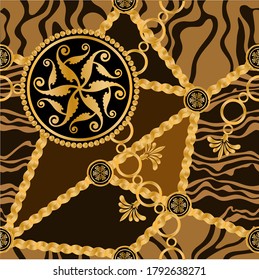 Seamless pattern decorated with precious stones, gold chains and pearls.