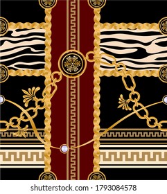 Seamless pattern decorated with precious stones, gold chains and pearls.