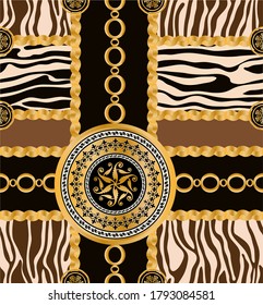 Seamless pattern decorated with precious stones, gold chains and pearls.