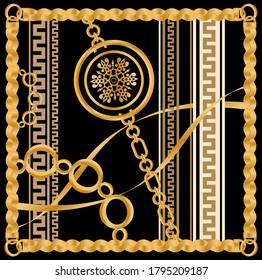 Seamless pattern decorated with precious stones, gold chains and pearls.