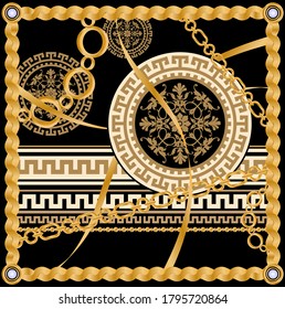 Seamless pattern decorated with precious stones, gold chains and pearls.