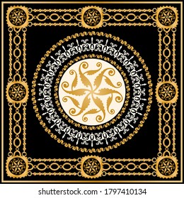 Seamless pattern decorated with precious stones, gold chains and pearls.