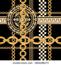 Seamless pattern decorated with precious stones, gold chains and pearls.