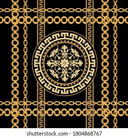 Seamless pattern decorated with precious stones, gold chains and pearls.