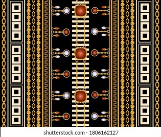 Seamless pattern decorated with precious stones, gold chains and pearls.